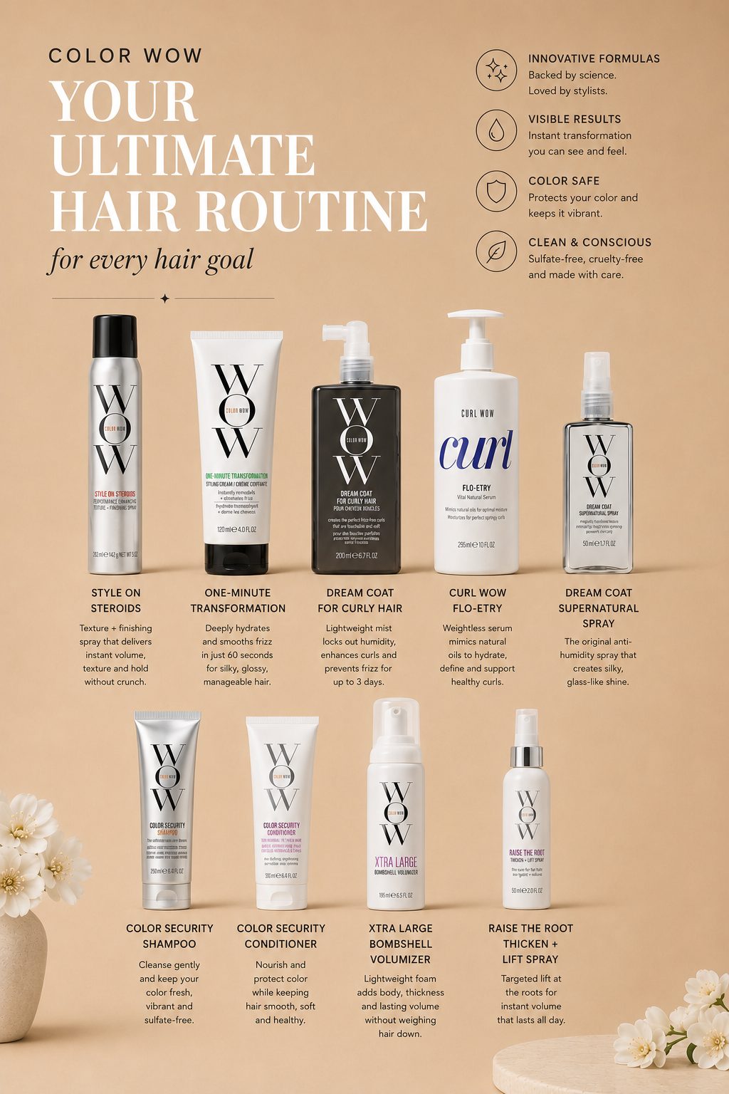 Color Wow frizz control and glossy hair product recommendations from Jenn Rose, slide 3.