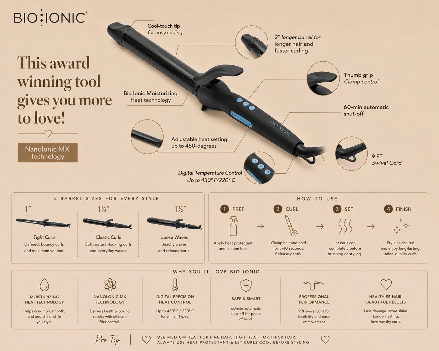Bio Ionic curling iron guide with heat settings, barrel sizes, and styling instructions.